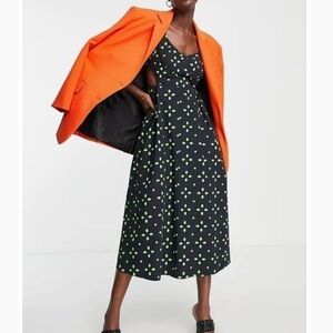Topshop Black and Green Polka Dot Midi Dress
